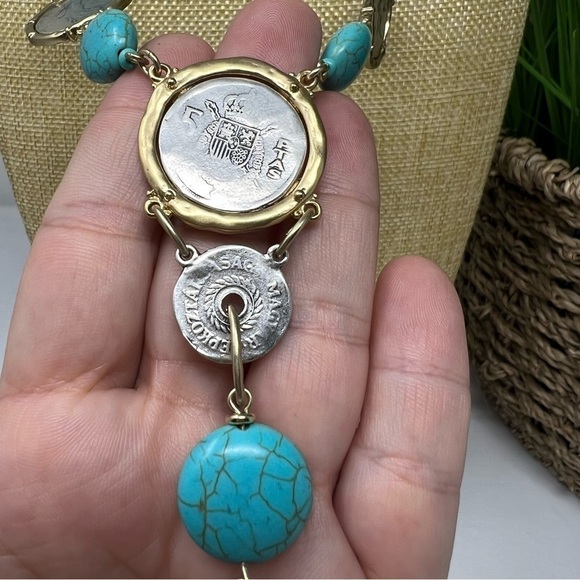 Chico's necklace turquoise howlite coin jewelry two sided gold silver tone - Picture 9 of 11